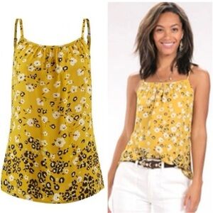 NWT CAbi Mustard Yellow Floral & Leopard-Spot Spaghetti Strap Tank